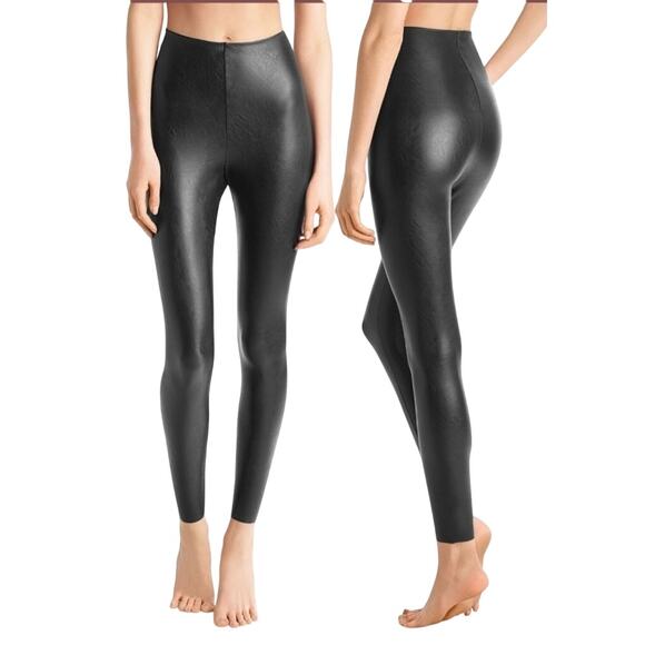 Commando Faux Pebble Leather Black Control Raw Hem Stretch Leggings Size Large - Picture 1 of 6